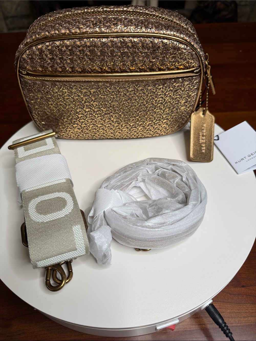NWT Kurt Geiger Antiqued Gold Faux Camera Bag Guitar Strap + Chain Strap!! - Picture 2 of 6